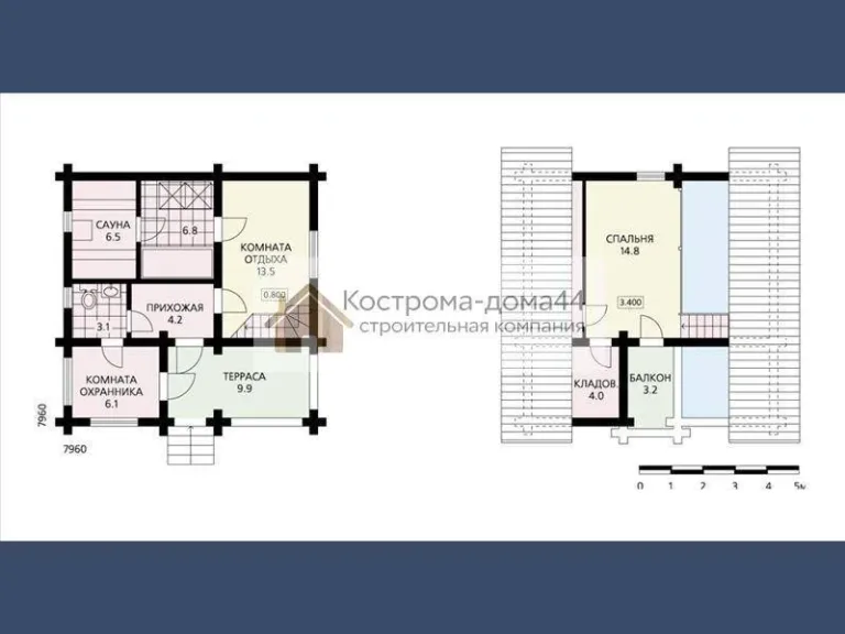План и чертежи, схема 1: баня из бревна 7,96×7,96, проект ББ-17