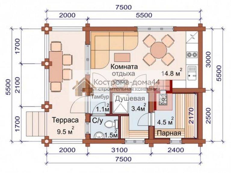Баня из бревна 7.5х5.5 — проект ББ-2, вид 1