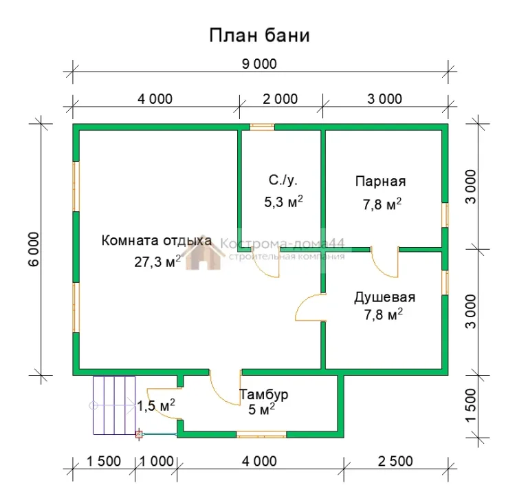 План и чертежи, схема 1: баня из бруса 6×9, проект ББ-6