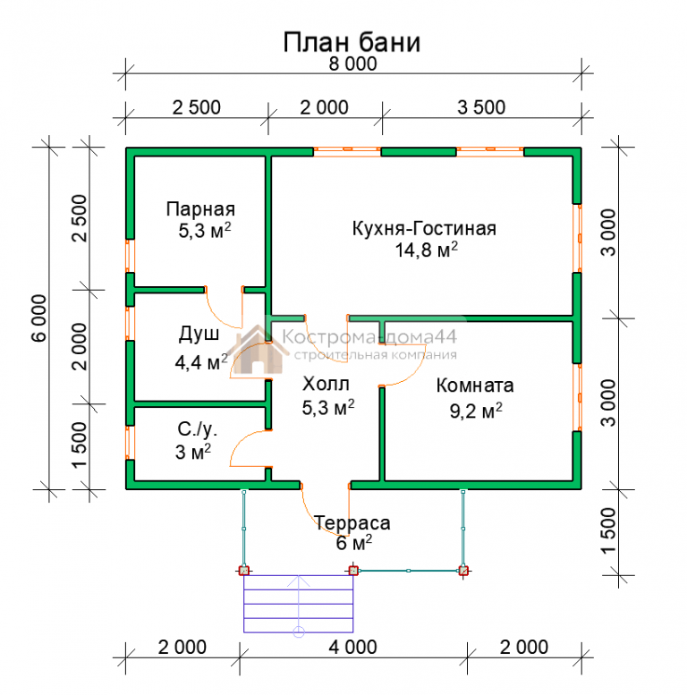 Баня из бруса 6Х8 — проект ББ-8, вид 4