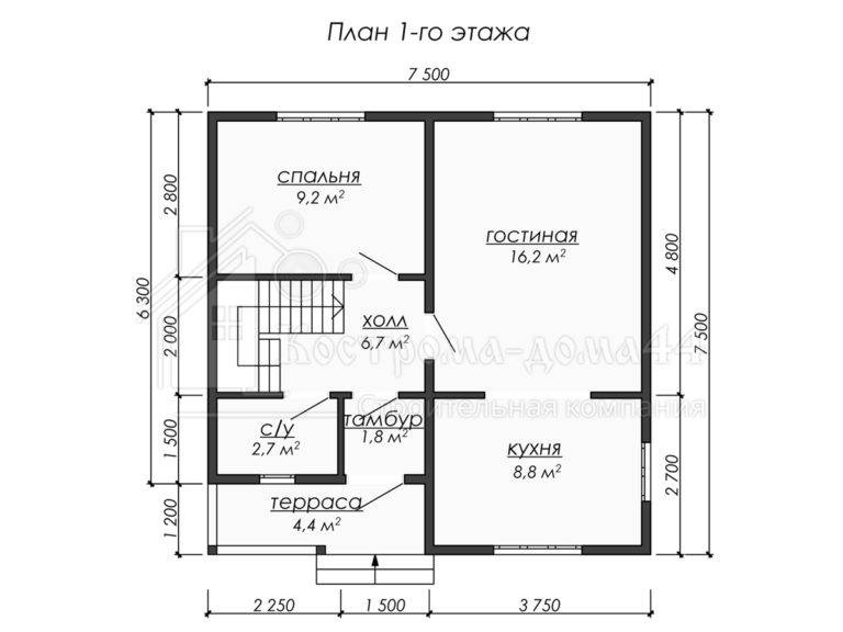 Дом из бруса 7.5x7.5 — проект ДБ-52, вид 2