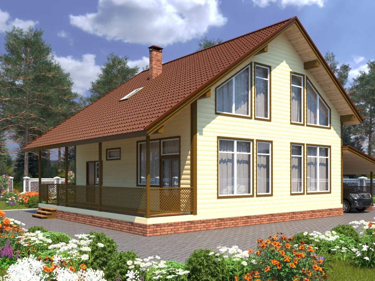Дом из бруса 10,2×12, проект ДБ-212: внешний вид, ракурс 2