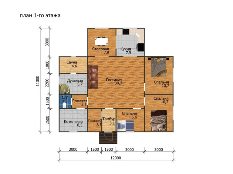 Дом из бруса 12×11, проект ДБ-115: план 1-го этажа
