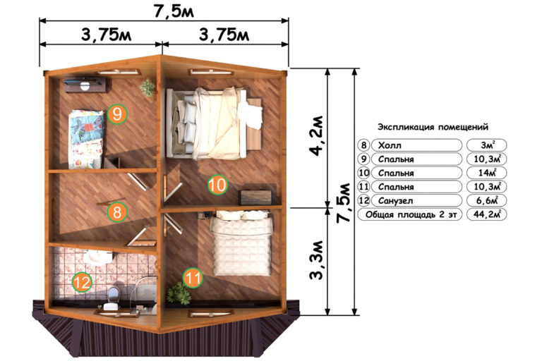 Дом из бруса 7,5×8,5, проект ДБ-164: план 2-го этажа