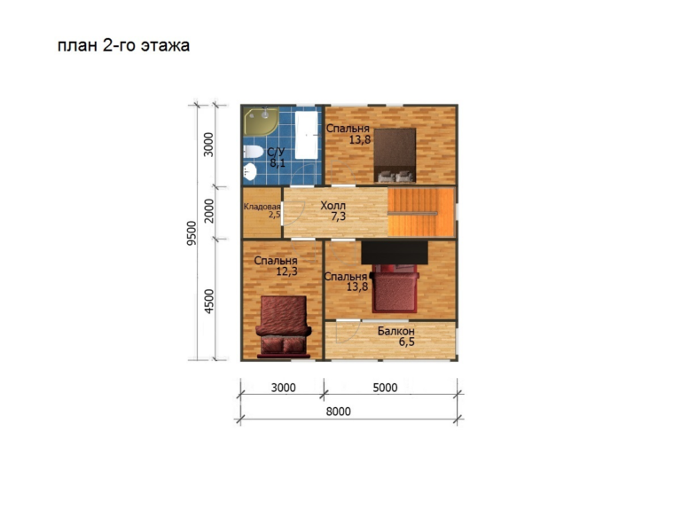 Дом из бруса 9,4×9,5, проект ДБ-102: план 2-го этажа