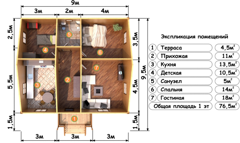 Дом из бруса 9×9,5, проект ДБ-170: план 1-го этажа